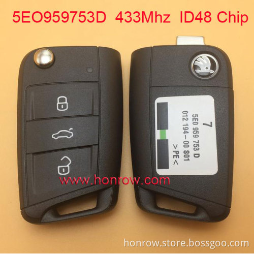 Original Skoda 3 Button remote key with 433Mhz and ID48 Chip (5EO959753D 012194-00S01) vw skoda remote key
